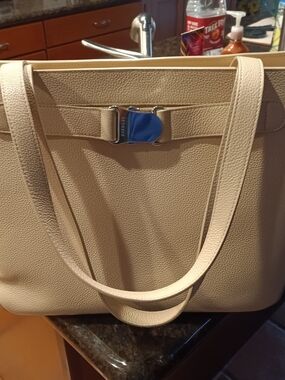 Senreve Cream Pebbled Leather Tote with Silver Buckle